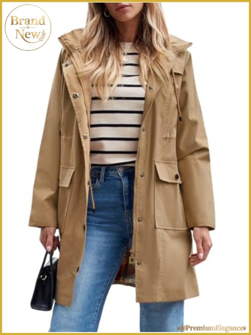 Waterproof Long Raincoat Hooded Windbreaker Trench Jacket with Pockets